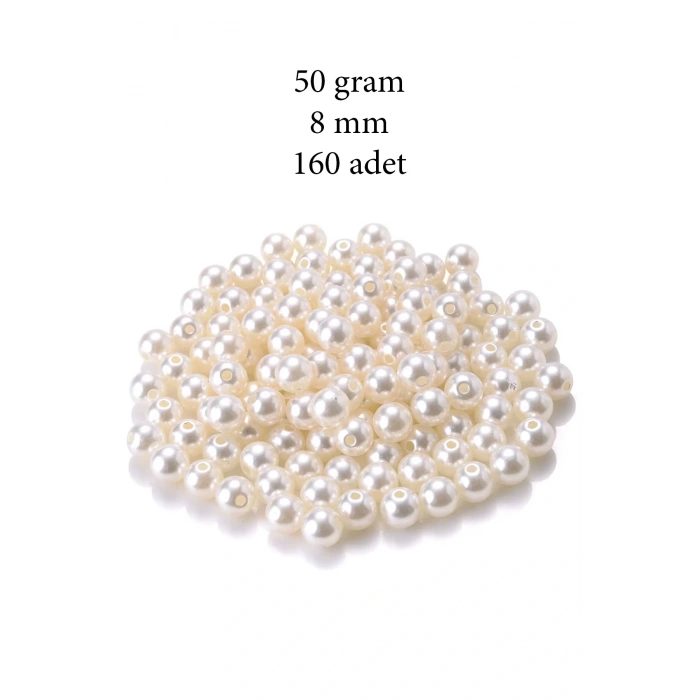 50 gram 8mm Krem Renk Plastik İnci Boncuk Çanta ve Takı Yapım Boncuğu (~160 adet)