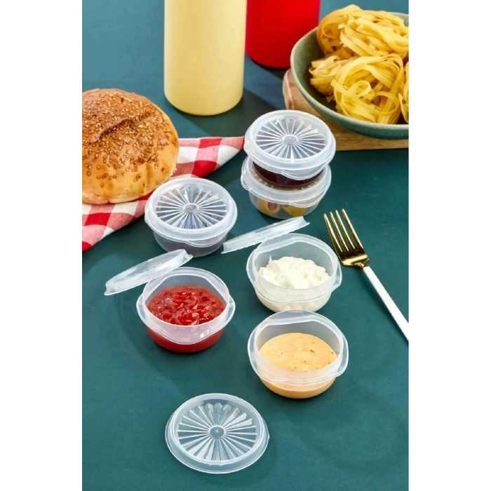 9 Lu Yelpaze Kapaklı Şeffaf Mini Sosluk - Ketçap Mayonez Kabı- Kahve Yanı Şeker Lokumluk