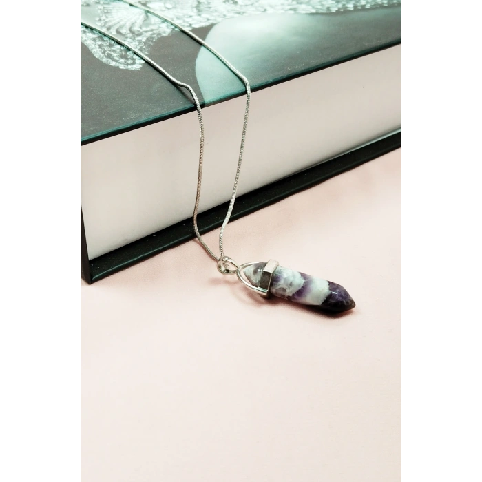 Ametist Doğal Taşı Zincirli El Yapımı Tasarımlı Kolye Uç: 3,5 cm Zincir: 20 cm Kutulu