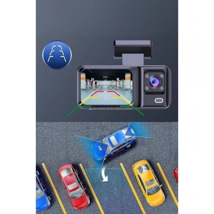 Araç Kamerası - 3 Kameralı Wifi Ön , İç Ve Arka Full Hd Dvr Araç İçi Ekranlı Kamera