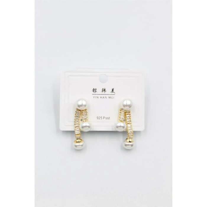 Baget Taşlı İncili Küpe - Altın