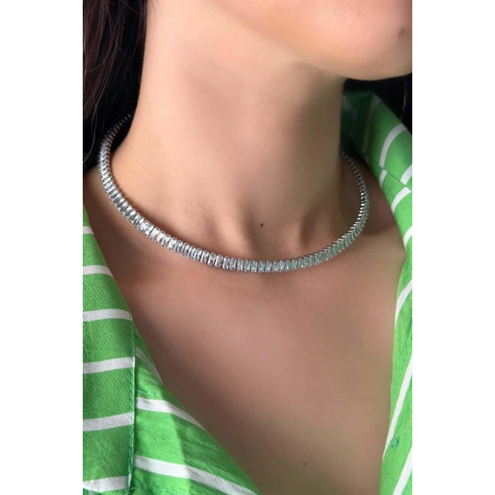 Baget Taşlı Tasma Kolye - Gümüş