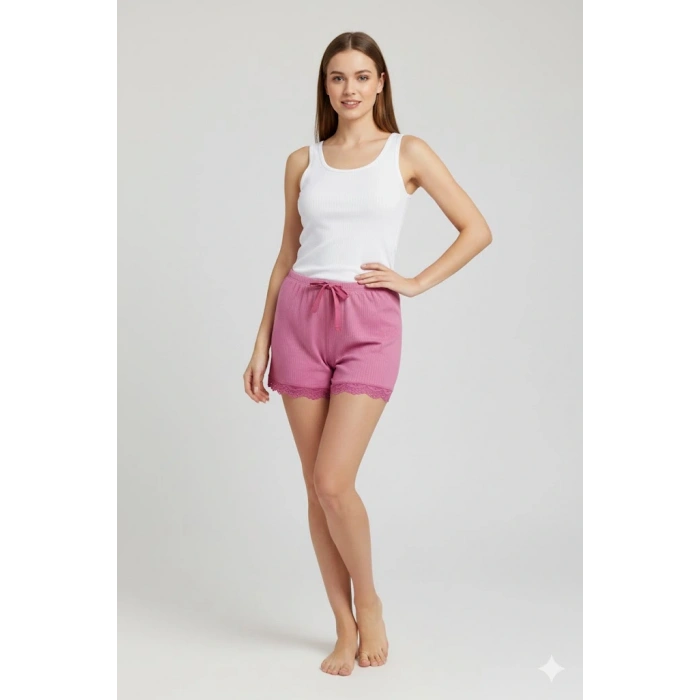 Bambu Fitilli Kadın Ev Şortu Bacak Dantel Detaylı Ev Giyim Fuşya