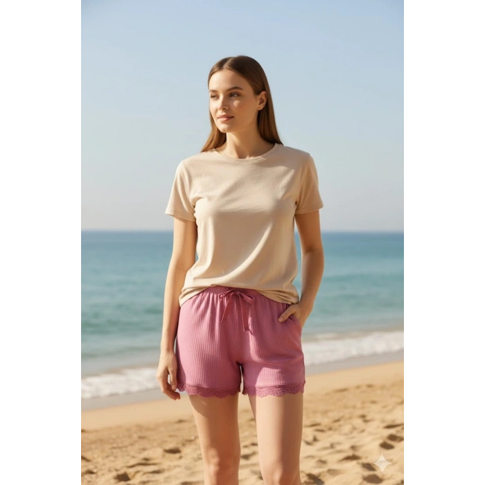 Bambu Fitilli Kadın Ev Şortu Bacak Dantel Detaylı Ev Giyim Fuşya