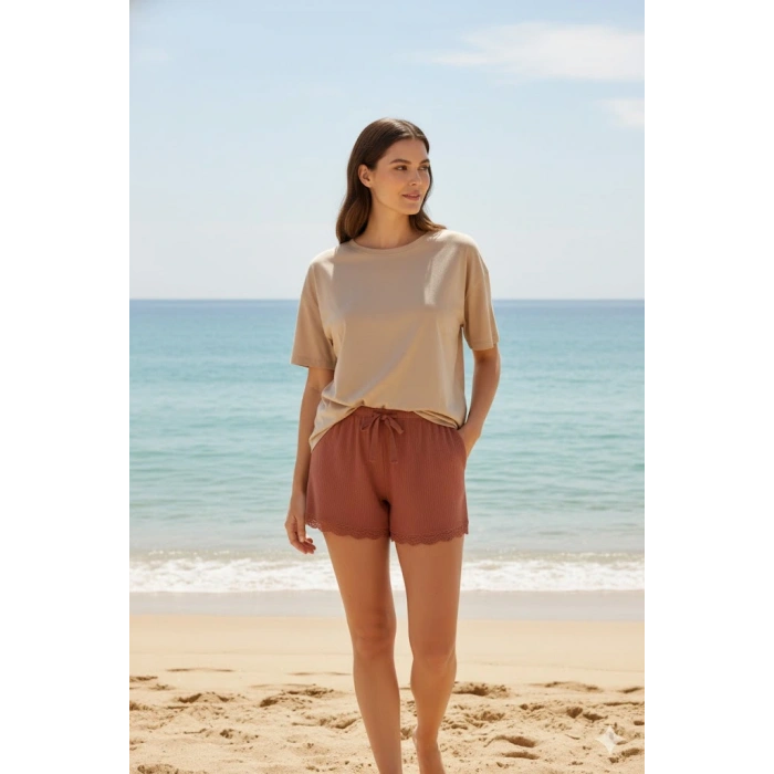 Bambu Fitilli Kadın Ev Şortu Bacak Dantel Detaylı Ev Giyim Taba