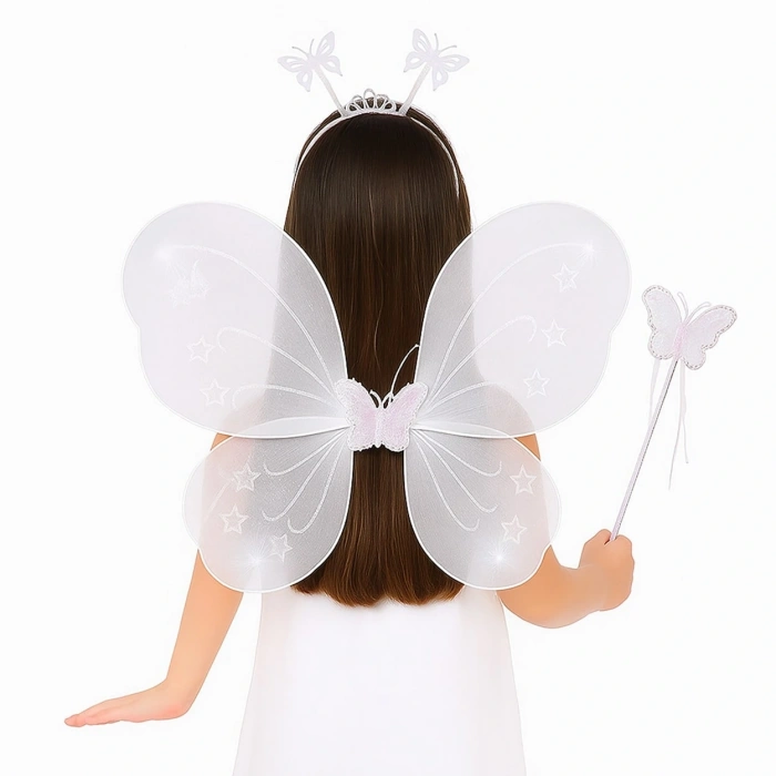 Beyaz Kelebek Kız Seti – 50 Cm Kelebek Kanadı, Taç Ve Asa