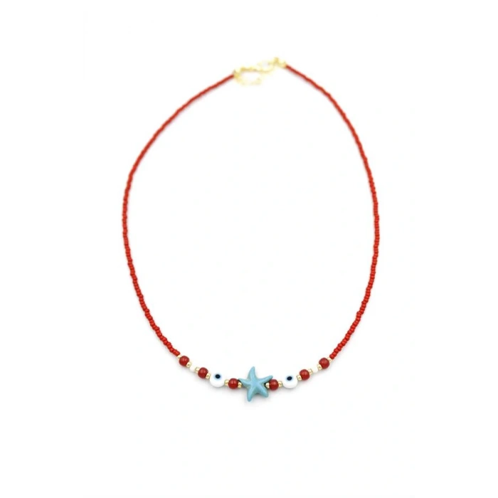 Boncuk Deniz Yıldzı Kolye - Kırmızı