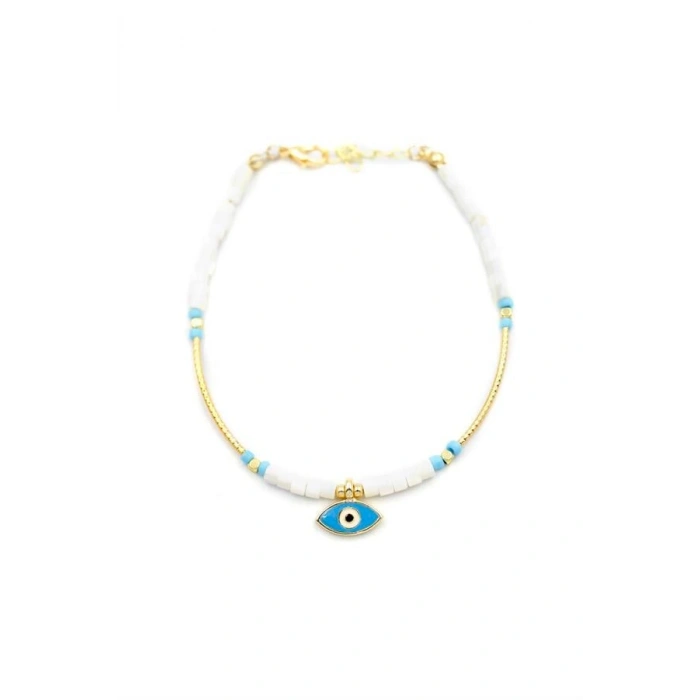 Boncuklu Göz Halhal - Beyaz