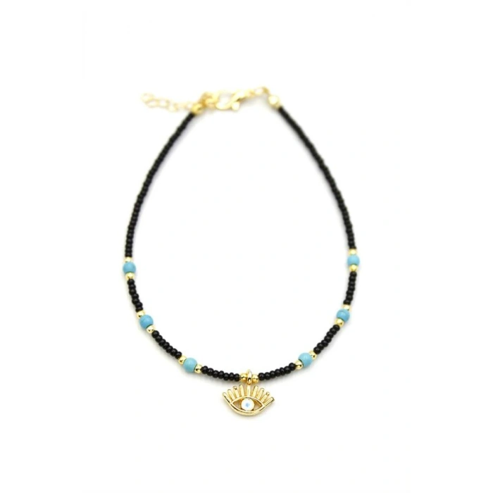 Boncuklu Göz Halhal - Siyah