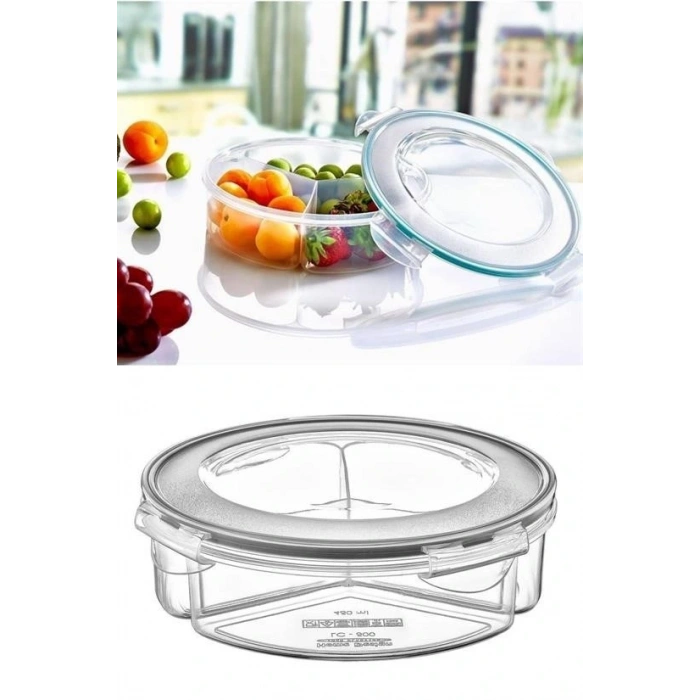BUFFER® 3 Bölmeli Sızdırmaz Contalı Kilitli Kapaklı 1,35 Litre yuvarlak Erzak Saklama Kabı LC-500