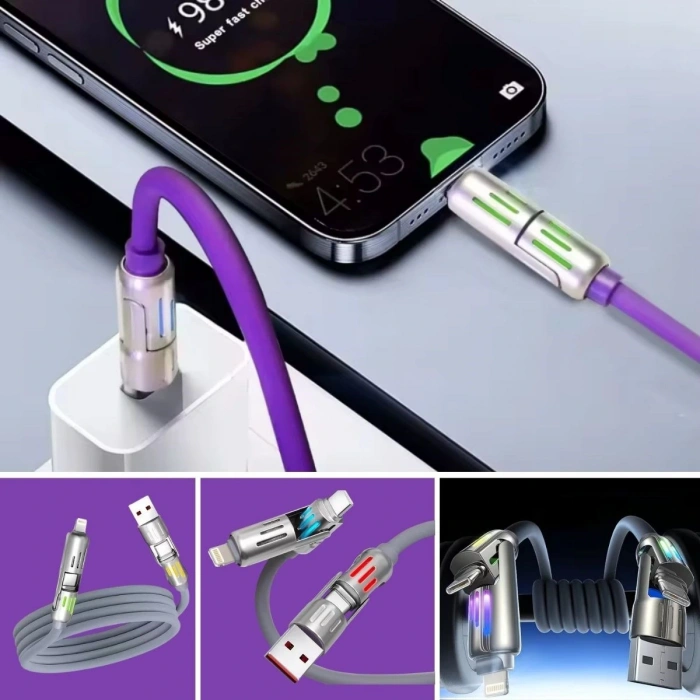 BUFFER® 4ü 1arada Hızlı Şarj Etme Özellikli Bir Ucu TYPE-C ve USB-A Diğer Ucu TYPE-C ve Lightning Uçlu 240W Şarj Kablosu