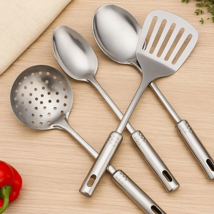 BUFFER® 4lü Çelik Kepçe,Süzgeç,Servis Kaşığı,Spatula Mutfak Yemek Hazırlama Servis Seti