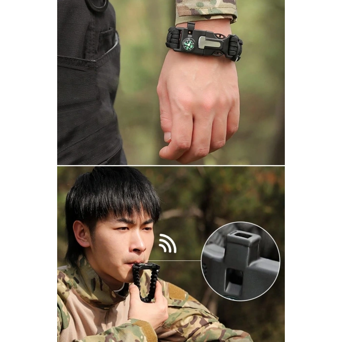 BUFFER® 5i 1 Arada Çok Fonksiyonlu Hayatta Kalma Bilekliği Pusula, Düdük, Çakmak Taşı ve Şemsiye İpi Bileklik