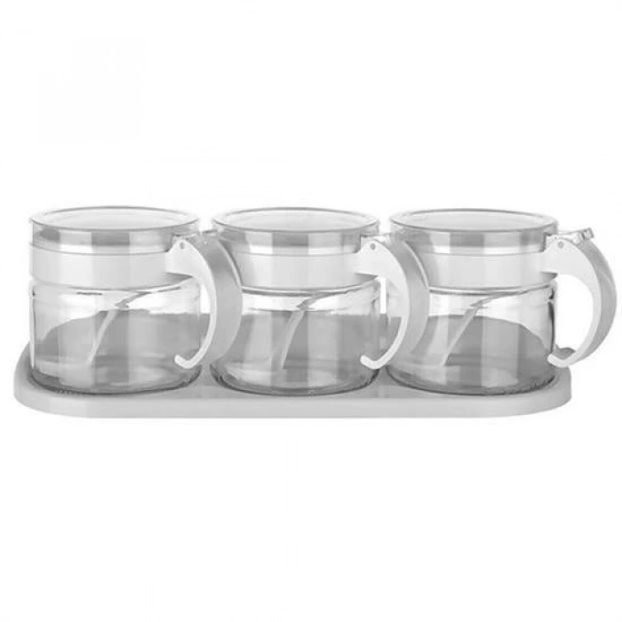 BUFFER® Beyaz 3lü Standlı Kapaklı Kaşıklı Cam Hava Sızdırmaz Baharatlık Takımı KC-386