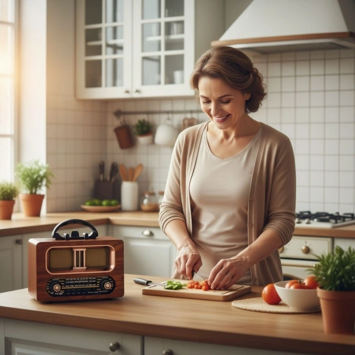 BUFFER® Büyük Boy Retro, Nostaljik, Ahşap Tasarım Bluetooth Hoparlörlü, Şarjlı, Taşınabilir FM/AM Destekli Radyo NS-6635