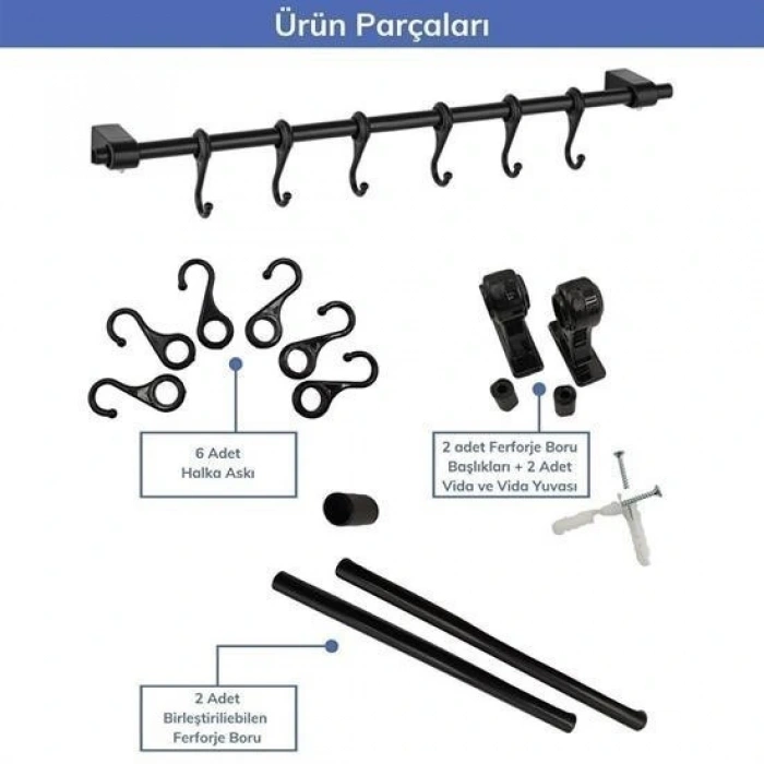 BUFFER® Duvara Monte Edilen 6 Kancalı Dekor Kaşıklık ve Kupa Askısı