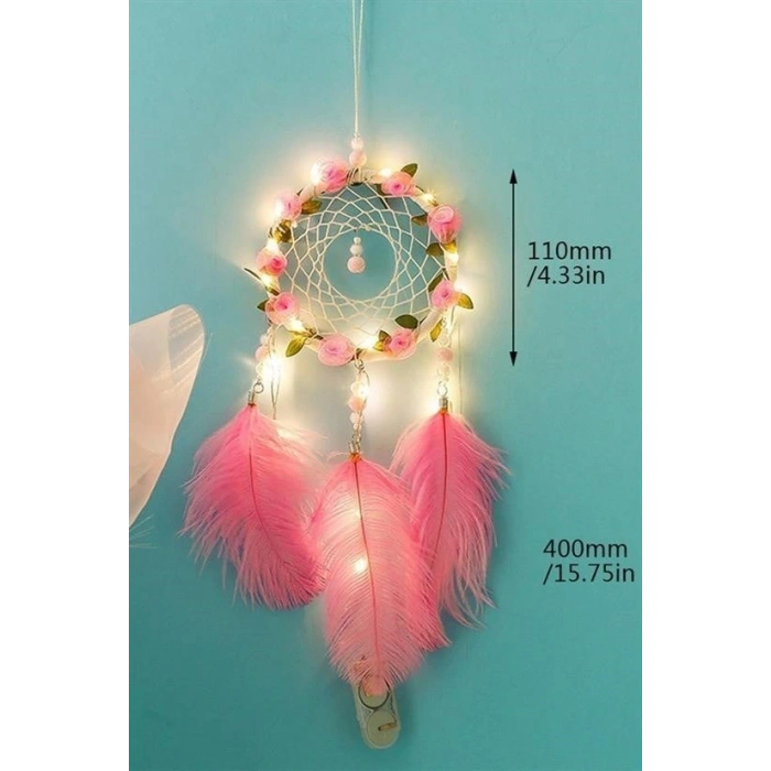 BUFFER® El Yapımı Kuş Tüyü ve Led Işıklı Dekoratif Asma Düş Rüya Kapanı