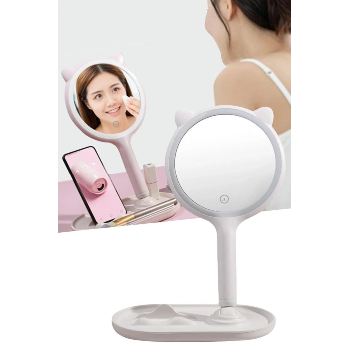 BUFFER® Kedi Kulaklı Telefon Standlı Yuvarlak Dokunmatik Led Ayarlı Masa Üstü Makyaj Aynası