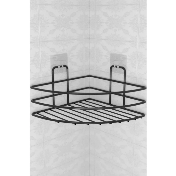 BUFFER® Kendiliğinden Yapışkanlı Montaj Gerektirmeyen Tek Katlı Banyo Askı Köşe Şampuanlık Siyah