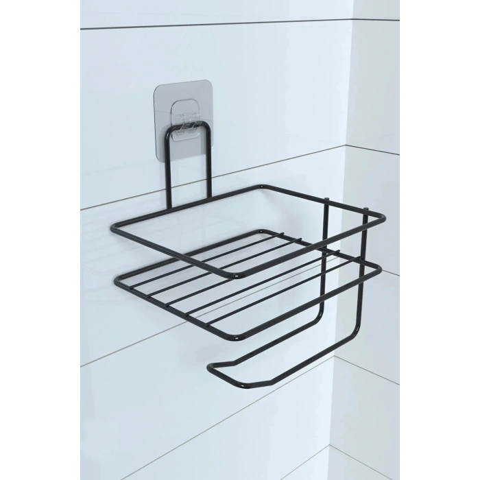 BUFFER® Kendiliğinden Yapışkanlı Tuvalet Kağıdı Tutacağı ve Yedek Raf - Siyah Modern Metal Tasarım