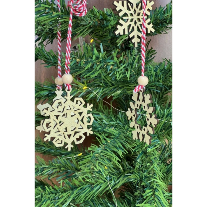 BUFFER® Pilli Peri Ledli 6 Parça Kırmızı Beyaz İpli Kar Tanesi Model Ahşap Yılbaşı Ağaç Süsü