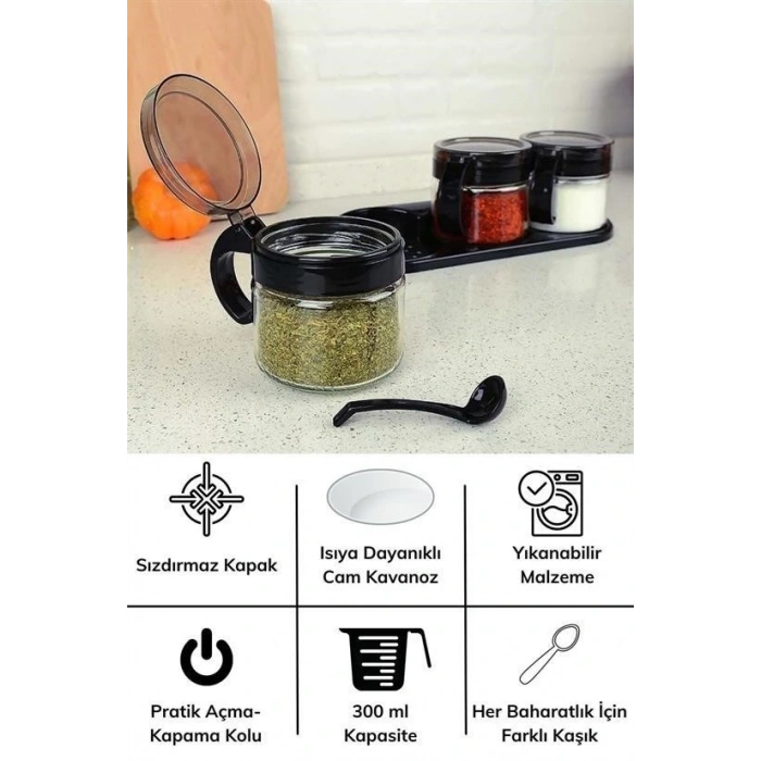 BUFFER® Siyah 3lü Standlı Kapaklı Kaşıklı Cam Hava Sızdırmaz Baharatlık Takımı KC-386