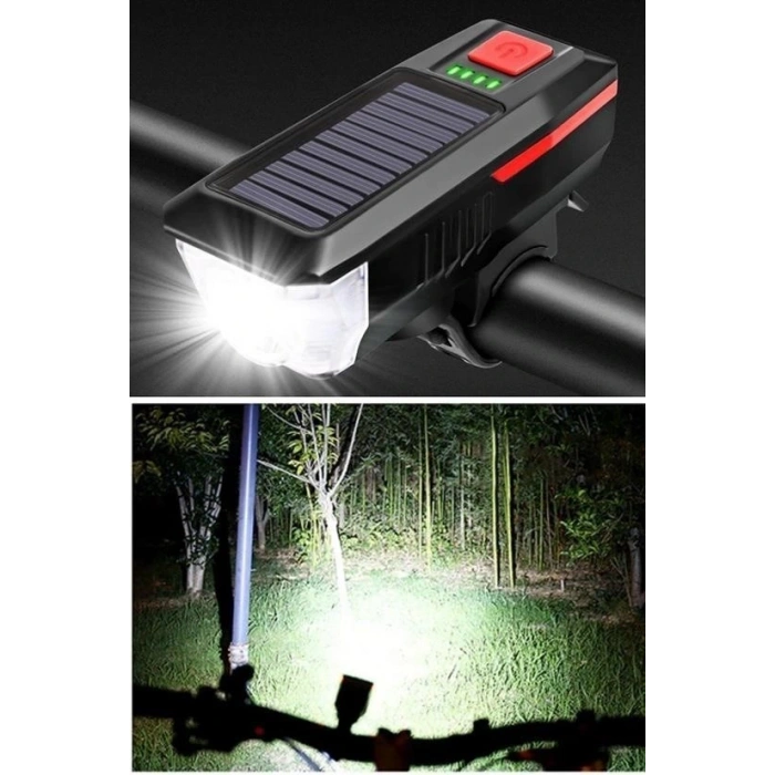 BUFFER® Solar Enerjili USB ile Şarj Edilebilir Ledli Bisiklet Feneri Kornalı ve Su Geçirmez Far