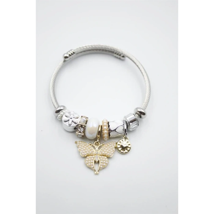 Çelik Charmlı Kelebek Bileklik - Beyaz