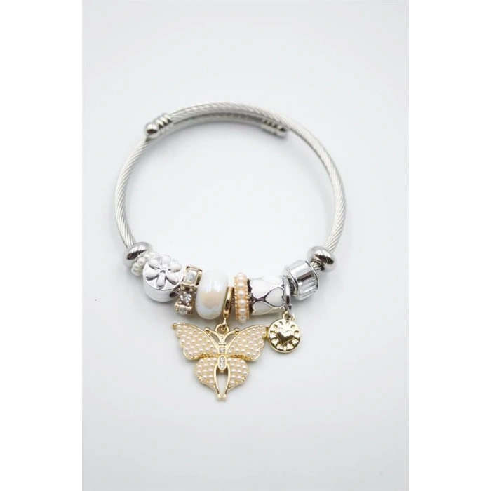 Çelik Charmlı Kelebek Bileklik - Beyaz