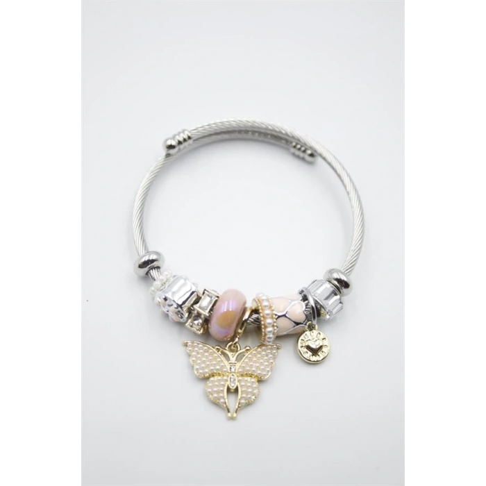 Çelik Charmlı Kelebek Bileklik - Pembe