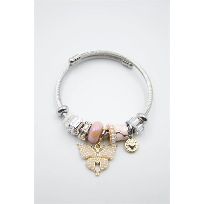 Çelik Charmlı Kelebek Bileklik - Pembe