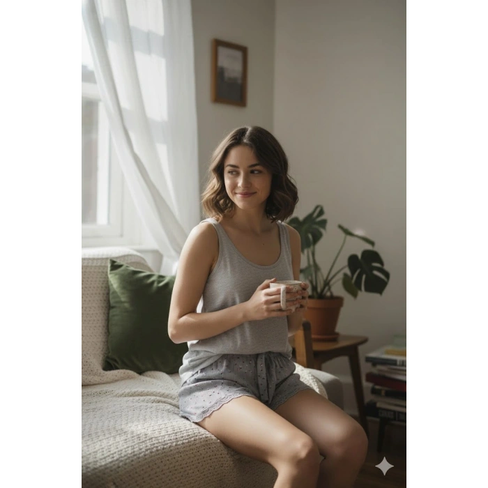 Düz Renk Mini Çiçek Desenli Penye Kadın Ev Şortu Bacak Dantel Detaylı Ev Giyim Gri