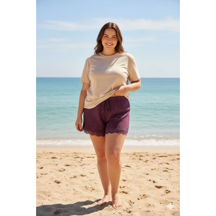 Düz Renk Mini Çiçek Desenli Penye Kadın Ev Şortu Bacak Dantel Detaylı Ev Giyim Gül Kurusu