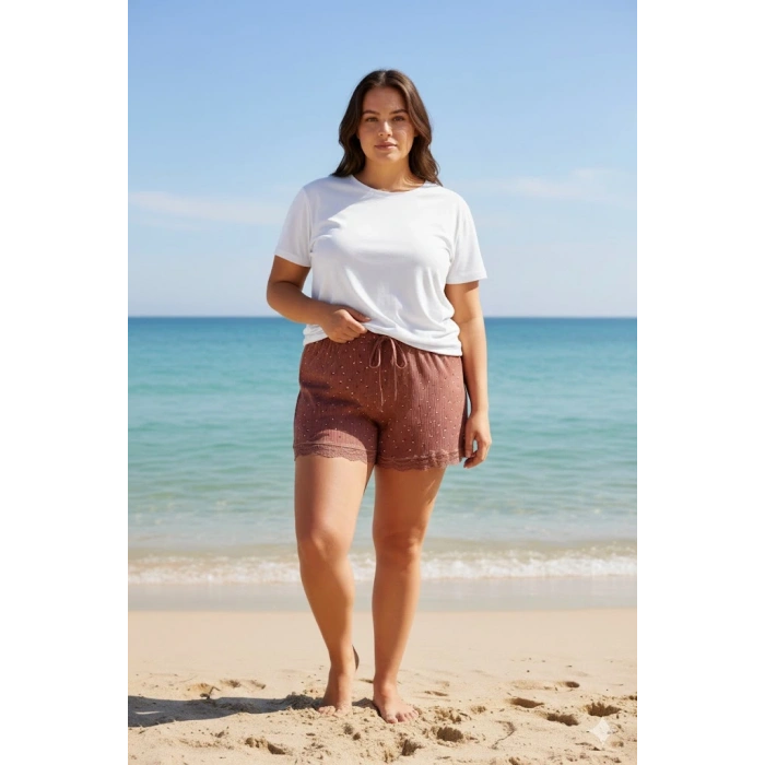 Düz Renk Mini Çiçek Desenli Penye Kadın Ev Şortu Bacak Dantel Detaylı Ev Giyim Taba