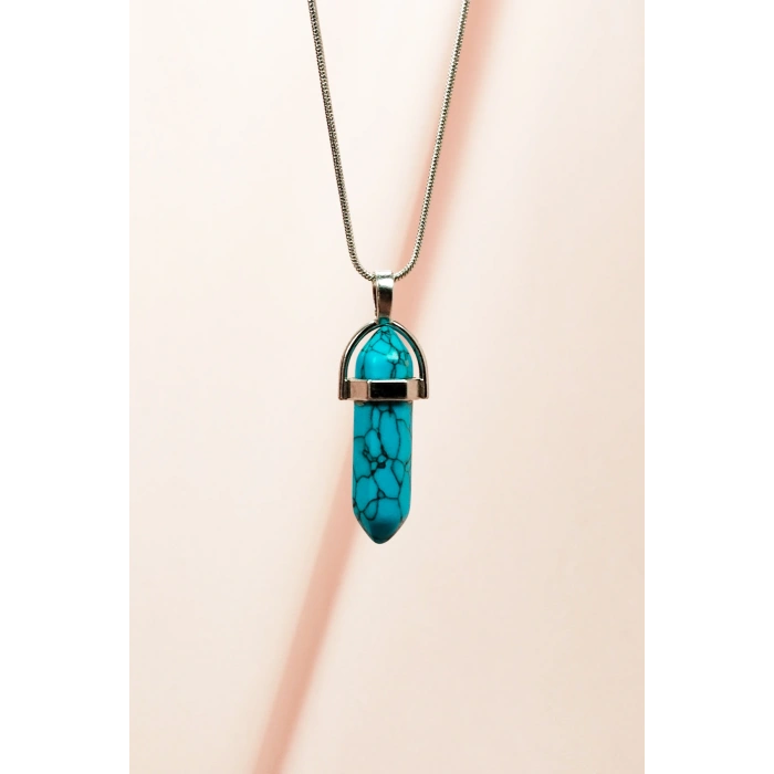 Firuze Doğal Taşı Zincirli El Yapımı Tasarımlı Kolye Uç: 3,5 cm Zincir: 20 cm Kutulu