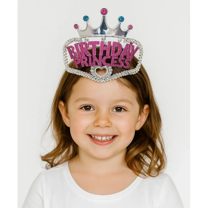 Gümüş Renk Taç Üzeri Pembe Birthday Prenses Yazılı Çocuk Parti Tacı 11x12 Cm