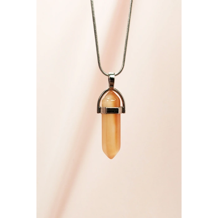 Güneş Taşı Doğal Taşı Zincirli El Yapımı Tasarımlı Kolye Uç: 3,5 cm Zincir: 20 cm Kutulu