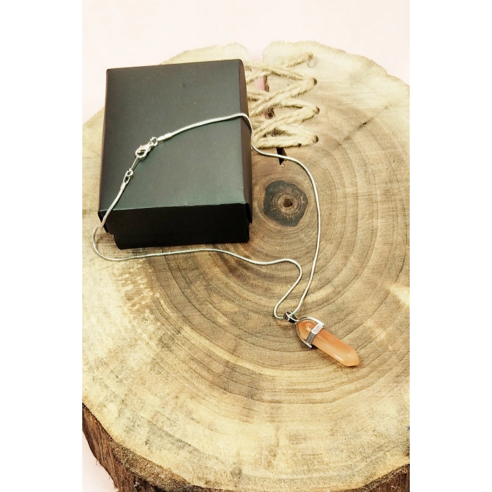 Güneş Taşı Doğal Taşı Zincirli El Yapımı Tasarımlı Kolye Uç: 3,5 cm Zincir: 20 cm Kutulu