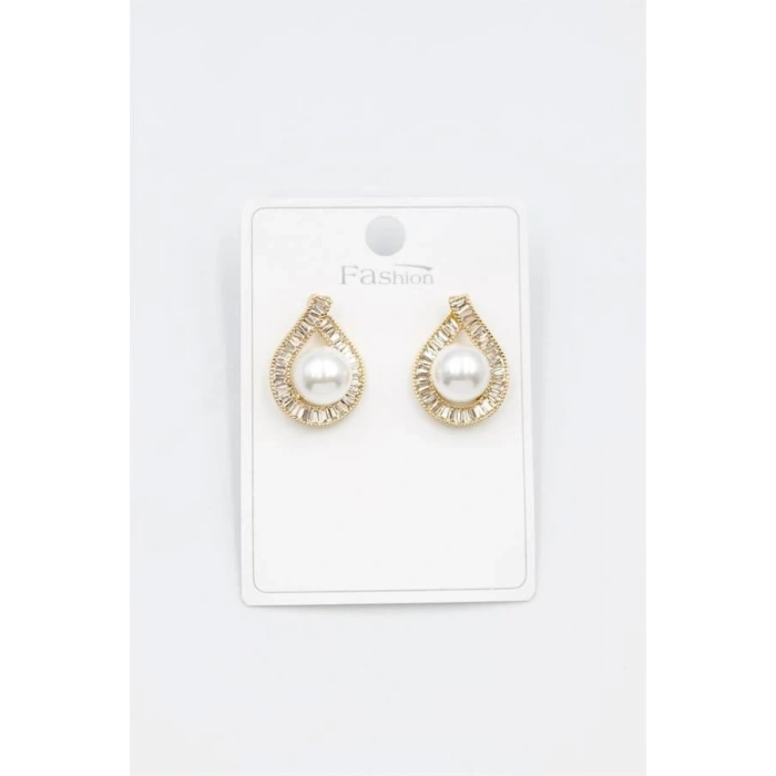 İncili Baget Taşlı Küpe - Altın