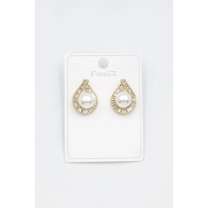 İncili Baget Taşlı Küpe - Altın