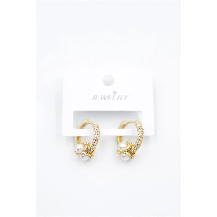 İncili Taşlı Halka Küpe - Altın