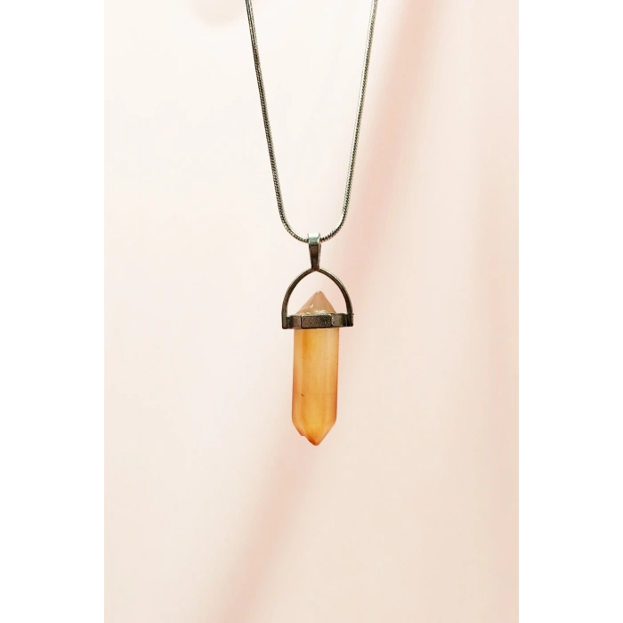 Kalsit Doğal Taşı Zincirli El Yapımı Tasarımlı Kolye Uç: 3,5 cm Zincir: 20 cm Kutulu