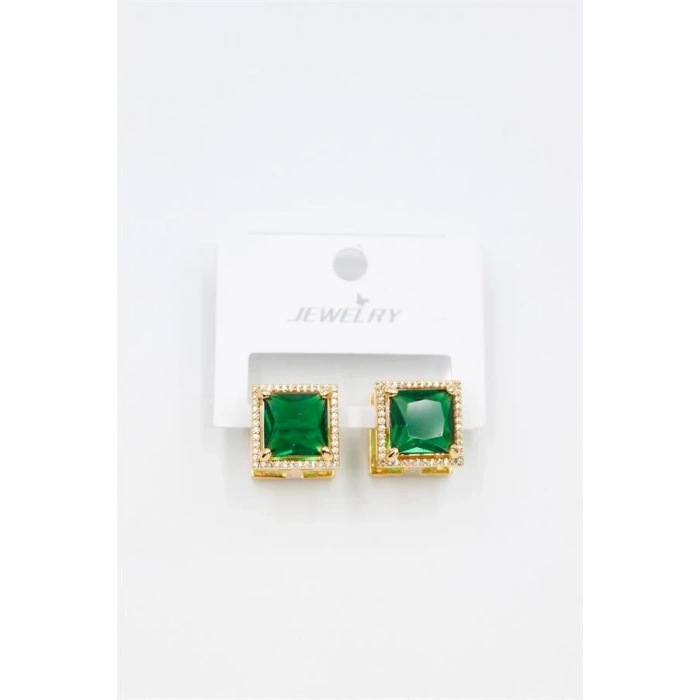 Kare Taşlı Küpe - Yeşil