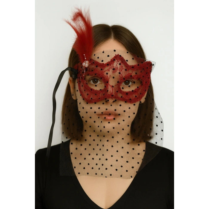 Kırmızı Renk Dantelli Duvaklı İncili Parti Maskesi Balo