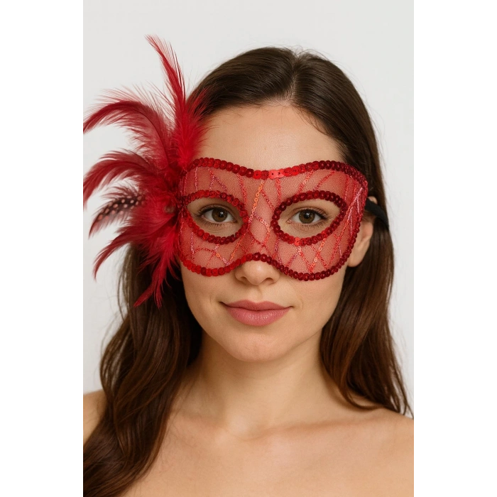 Kırmızı Renk Yandan Tüylü Pul Payet İşlemeli Parti Maskesi 23x12 Cm