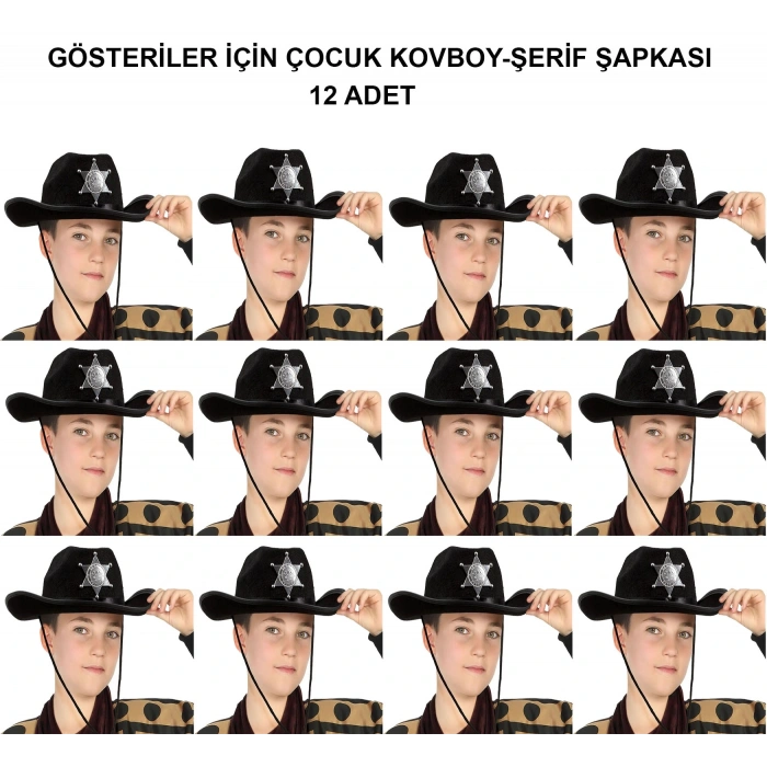 Kovboy Şerif Şapkası Siyah 12 Adet - Kostüm, Parti Ve Gösteri Şapkası