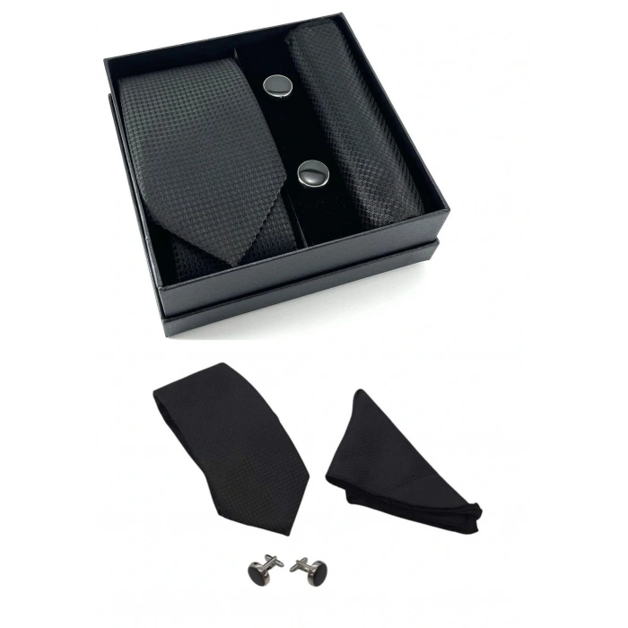 Kravat Düğme Set Siyah Desenli Kravat Mendil Kol Düğmesi Özel Set