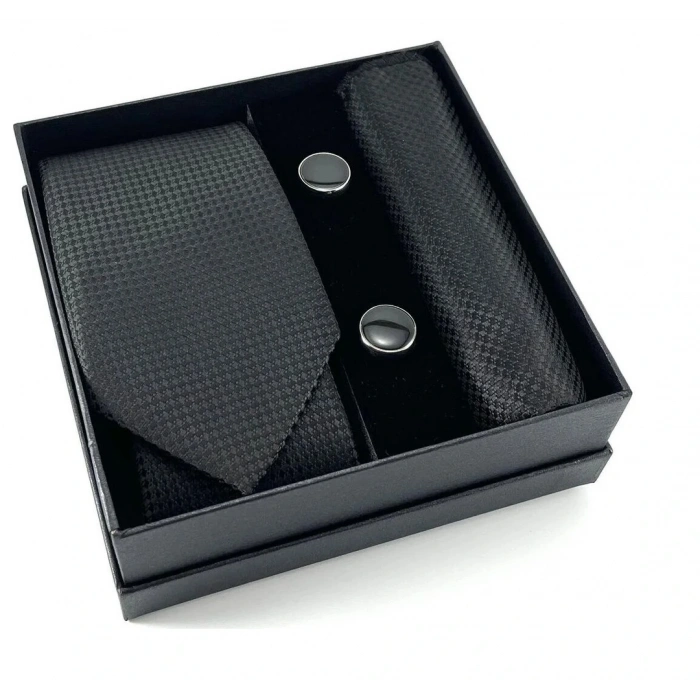 Kravat Düğme Set Siyah Desenli Kravat Mendil Kol Düğmesi Özel Set