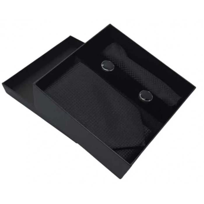 Kravat Düğme Set Siyah Desenli Kravat Mendil Kol Düğmesi Özel Set