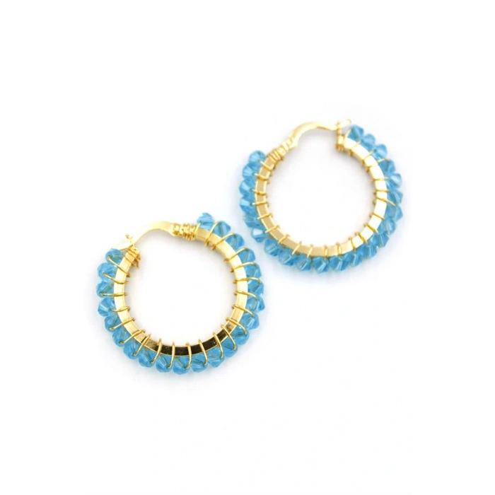 Kristal Boncuk Halka Küpe - Turkuaz